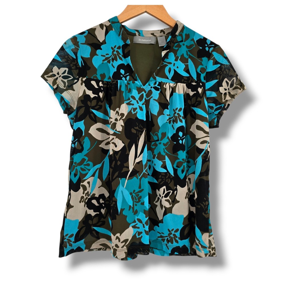 Liz Claiborne Womens Floral Mesh V-Neck Blouse Turquoise Olive Green Large